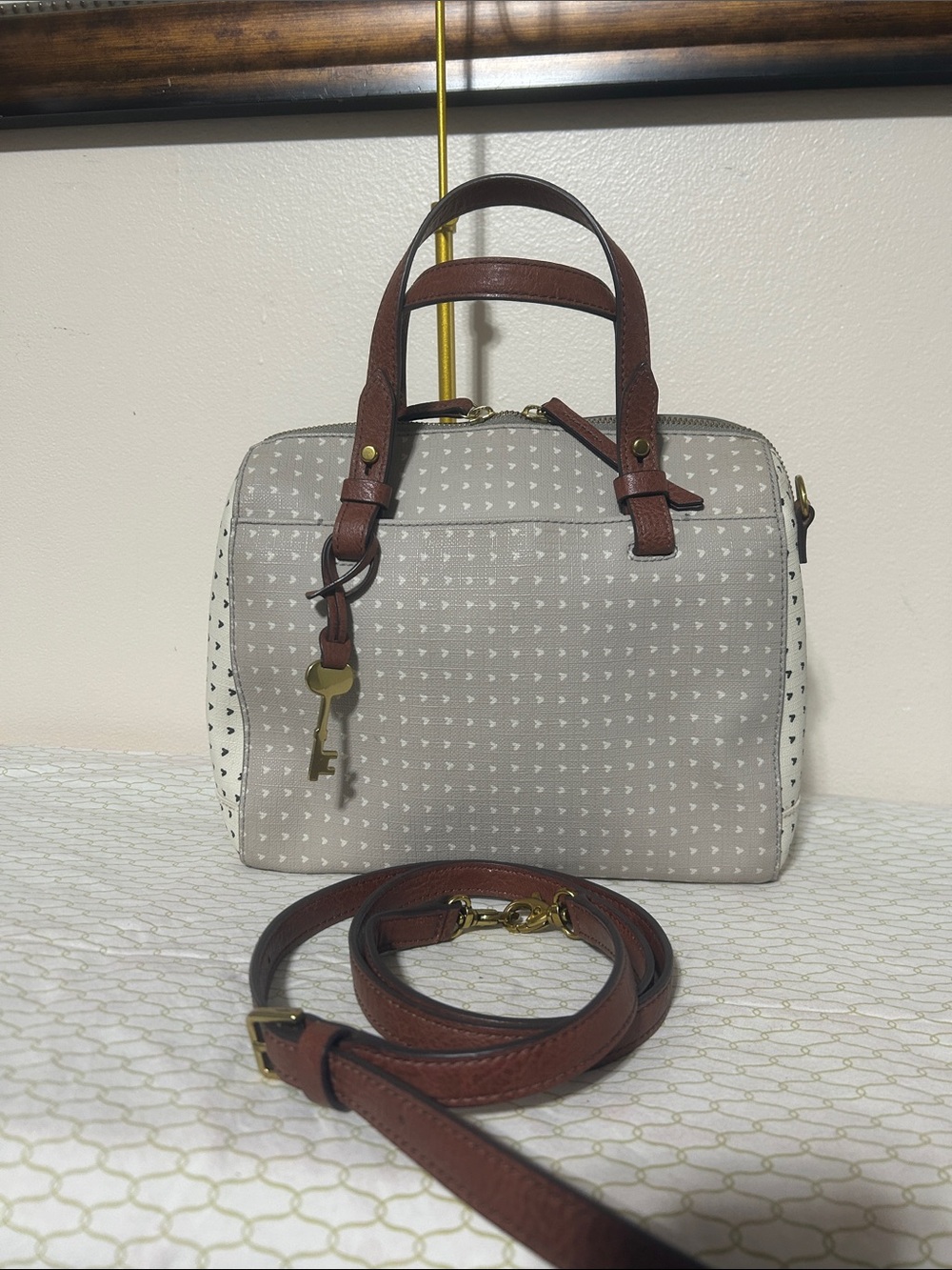 Fossil Beige & Brown Crossbody Satchel with Key Charm